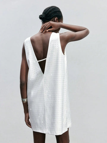 Maija New Autumn/Winter Urban Chic Elegant Daily Wear V-Neck Women White Crystal Embellish Back Design Midi Dress