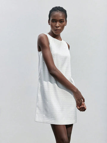 Maija New Autumn/Winter Urban Chic Elegant Daily Wear V-Neck Women White Crystal Embellish Back Design Midi Dress