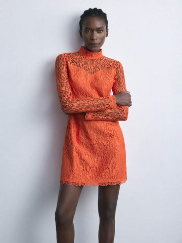 Maija New Autumn/Winter Urban Chic Elegant Everyday & Party Lace Mini Dress, Red & Orange Colors For Women