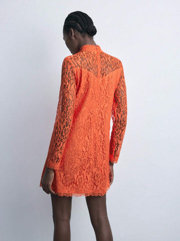 Maija New Autumn/Winter Urban Chic Elegant Everyday & Party Lace Mini Dress, Red & Orange Colors For Women