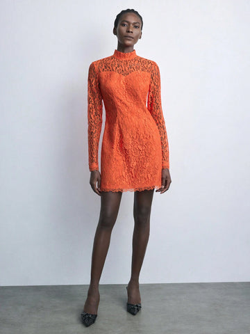 Maija New Autumn/Winter Urban Chic Elegant Everyday & Party Lace Mini Dress, Red & Orange Colors For Women