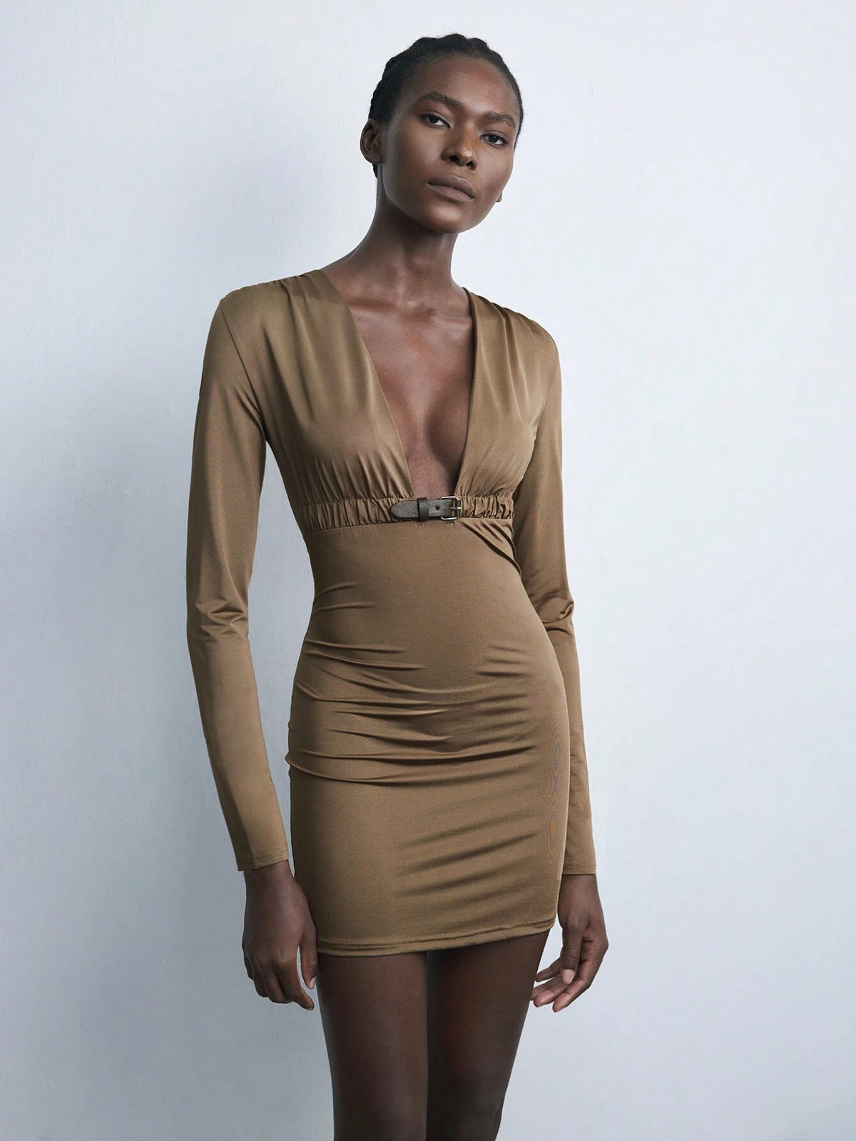 Maija New Autumn/Winter V-Neck Cinched Waist Short Dress, Elegant For Back To School, Holiday Party, Urban Chic, Coffee Brown