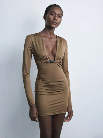 Maija New Autumn/Winter V-Neck Cinched Waist Short Dress, Elegant For Back To School, Holiday Party, Urban Chic, Coffee Brown