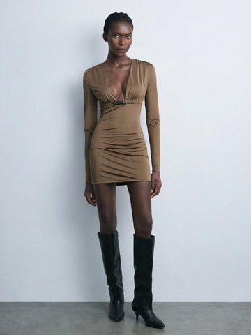 Maija New Autumn/Winter V-Neck Cinched Waist Short Dress, Elegant For Back To School, Holiday Party, Urban Chic, Coffee Brown