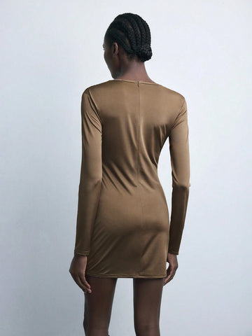 Maija New Autumn/Winter V-Neck Cinched Waist Short Dress, Elegant For Back To School, Holiday Party, Urban Chic, Coffee Brown