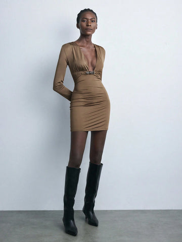 Maija New Autumn/Winter V-Neck Cinched Waist Short Dress, Elegant For Back To School, Holiday Party, Urban Chic, Coffee Brown