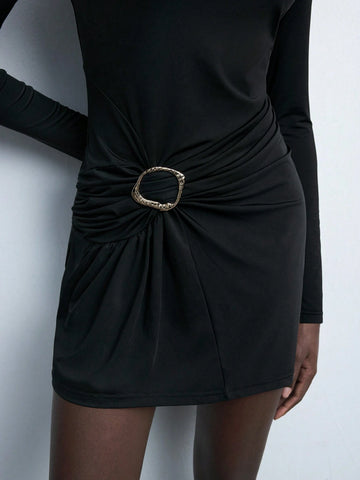 Maija New Elegant Urban Casual Party Vintage Black Metal Button Short Dress For Women Autumn/Winter