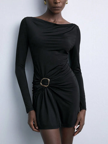 Maija New Elegant Urban Casual Party Vintage Black Metal Button Short Dress For Women Autumn/Winter