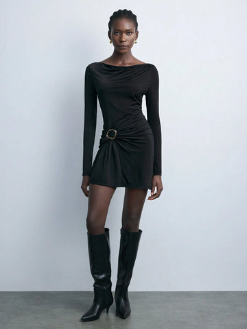 Maija New Elegant Urban Casual Party Vintage Black Metal Button Short Dress For Women Autumn/Winter