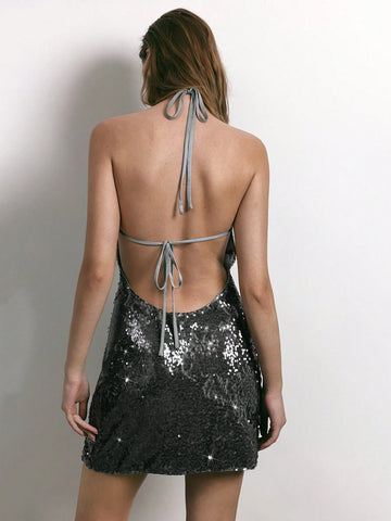 Maija New Winter Elegant Gray High-Grade Sequin 3D Rose Decoration Backless Mini Dress, Suitable For Outing, Vacation, Holiday Party, Christmas, Thanksgiving