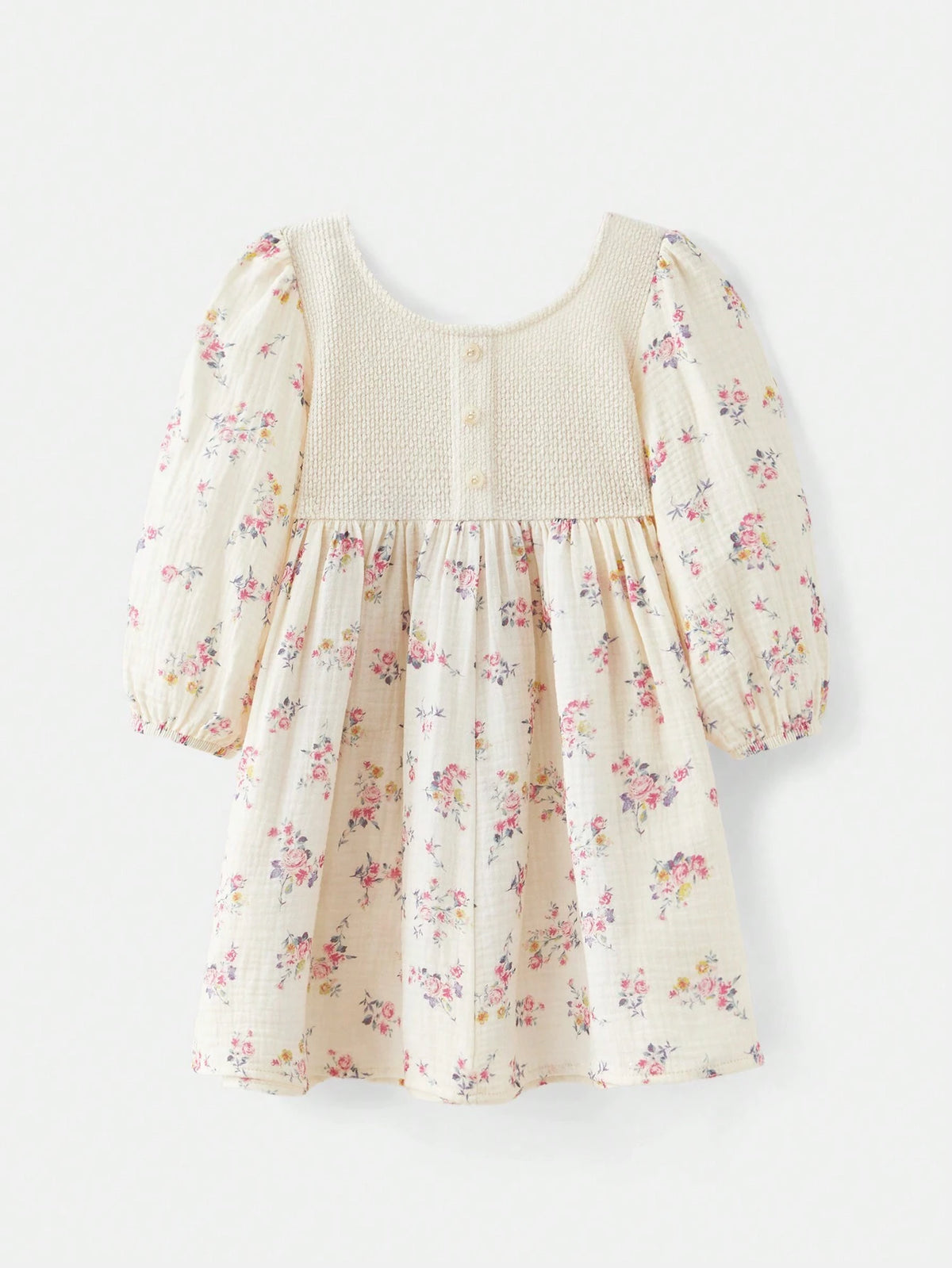 Spring Summer Young Girl Retro Ditsy Floral Patchwork Apricot Crochet Crew Neck Long Lantern Sleeve Smocked Hem Midi Dress