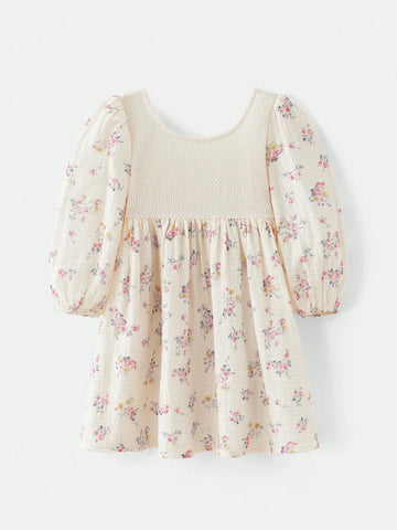 Spring Summer Young Girl Retro Ditsy Floral Patchwork Apricot Crochet Crew Neck Long Lantern Sleeve Smocked Hem Midi Dress
