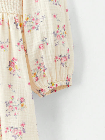 Spring Summer Young Girl Retro Ditsy Floral Patchwork Apricot Crochet Crew Neck Long Lantern Sleeve Smocked Hem Midi Dress