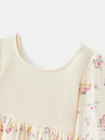 Spring Summer Young Girl Retro Ditsy Floral Patchwork Apricot Crochet Crew Neck Long Lantern Sleeve Smocked Hem Midi Dress