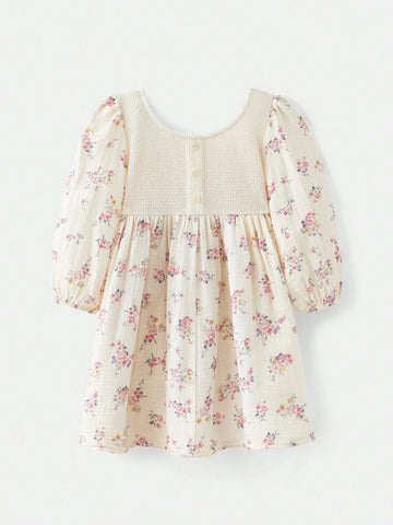 Spring Summer Young Girl Retro Ditsy Floral Patchwork Apricot Crochet Crew Neck Long Lantern Sleeve Smocked Hem Midi Dress
