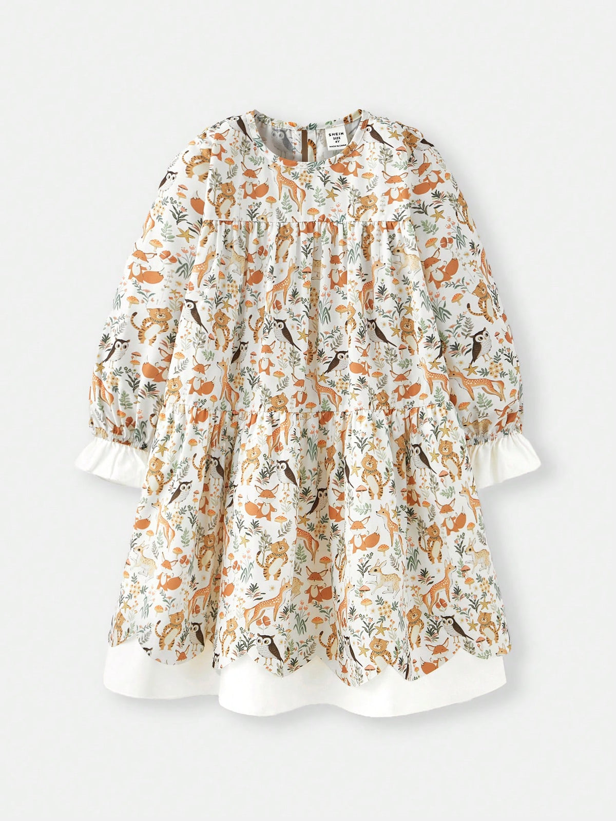 Maija Spring & Summer Young Girl Cute Animal & Ditsy Floral Loose Comfortable Vacation Casual Outing Spring Travel Active Campus Gathered Lantern Sleeve Flounced Hem A-Line Long Sleeve Round Neck Dress