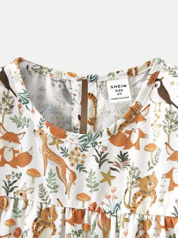Maija Spring & Summer Young Girl Cute Animal & Ditsy Floral Loose Comfortable Vacation Casual Outing Spring Travel Active Campus Gathered Lantern Sleeve Flounced Hem A-Line Long Sleeve Round Neck Dress