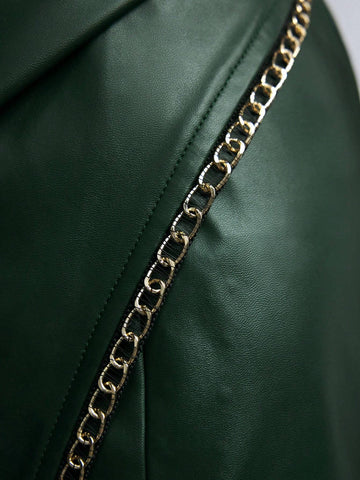 Maija Urban Chic Elegant Daily Casual Holiday Party Vintage PU Leather & Gold Chain Patchwork Green Bandeau Mini Dress, Autumn/Winter New Arrival