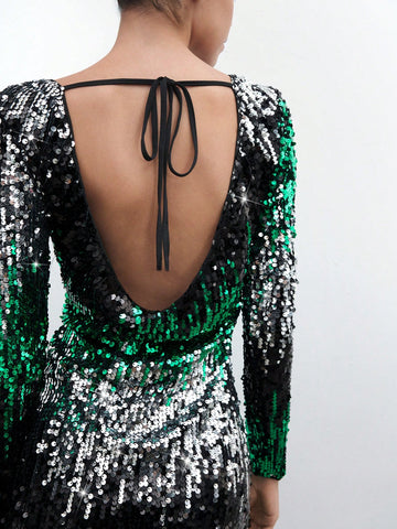 Maija Urban Party Elegant Modern Holiday New Year Vacation Christmas Women Short Gradient Sequin Dress, Autumn/Winter