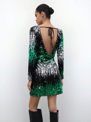 Maija Urban Party Elegant Modern Holiday New Year Vacation Christmas Women Short Gradient Sequin Dress, Autumn/Winter