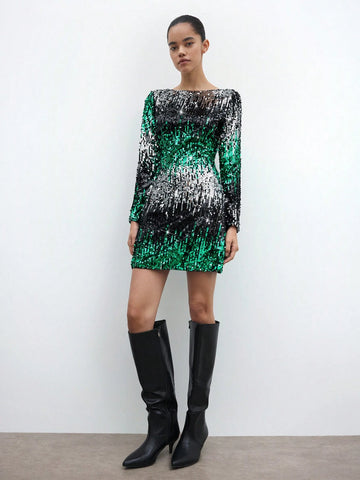 Maija Urban Party Elegant Modern Holiday New Year Vacation Christmas Women Short Gradient Sequin Dress, Autumn/Winter