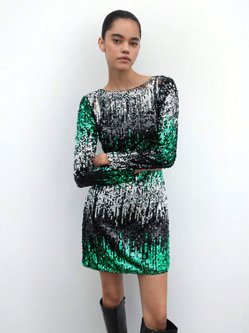 Maija Urban Party Elegant Modern Holiday New Year Vacation Christmas Women Short Gradient Sequin Dress, Autumn/Winter