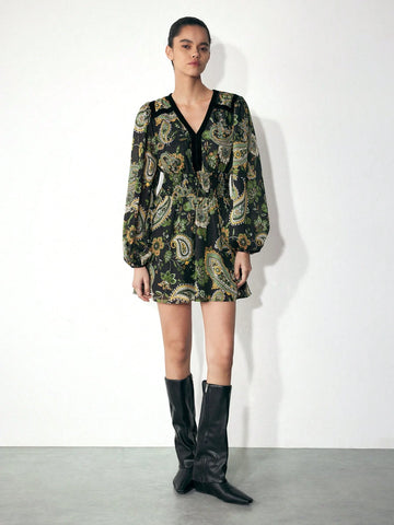 Maija V-Neck Long Sleeve Floral Print Minimalist Short Casual Dress For Women