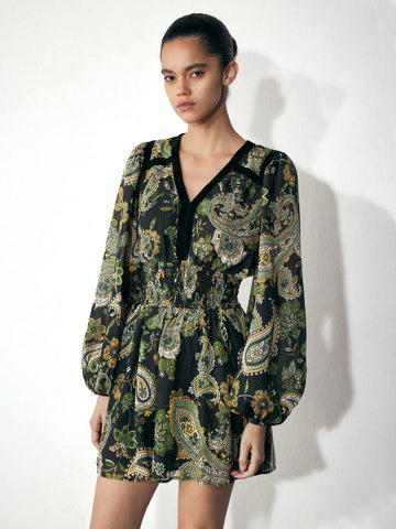 Maija V-Neck Long Sleeve Floral Print Minimalist Short Casual Dress For Women