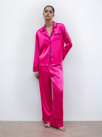 Maija Winter New Magenta Patchwork Casual Chic Pants Suit For Women, Suitable For Everyday, Party, Holiday, Outdoor, Sleepwear, Wedding, Christmas, New Year, Thanksgiving Gift Set Valentines Day