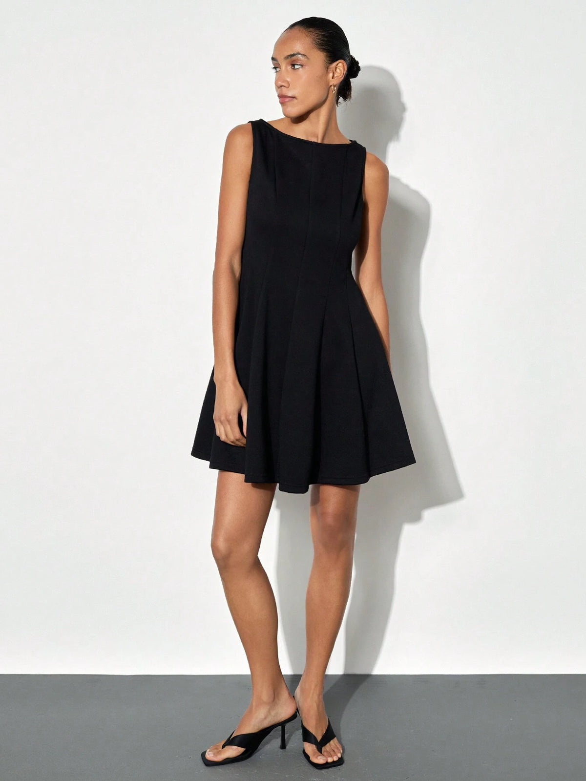 Maija Women Black Boat Neck Ruched Flared Hem Elegant Sleeveless Waist A-Line Short Dress, Versatile For Autumn/Winter