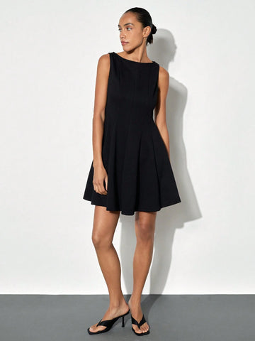 Maija Women Black Boat Neck Ruched Flared Hem Elegant Sleeveless Waist A-Line Short Dress, Versatile For Autumn/Winter
