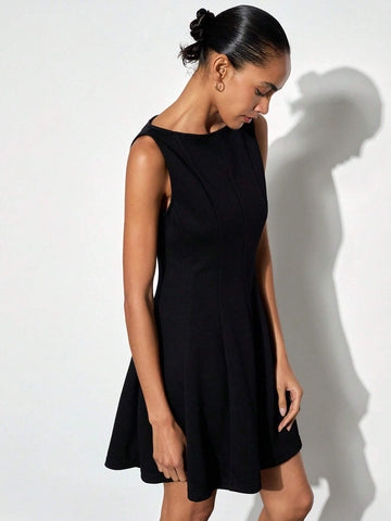 Maija Women Black Boat Neck Ruched Flared Hem Elegant Sleeveless Waist A-Line Short Dress, Versatile For Autumn/Winter