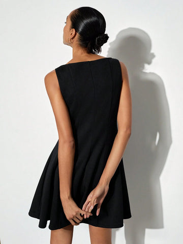 Maija Women Black Boat Neck Ruched Flared Hem Elegant Sleeveless Waist A-Line Short Dress, Versatile For Autumn/Winter