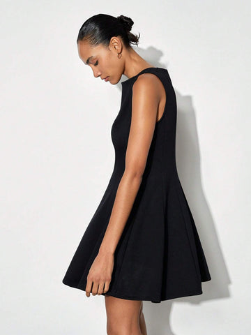 Maija Women Black Boat Neck Ruched Flared Hem Elegant Sleeveless Waist A-Line Short Dress, Versatile For Autumn/Winter