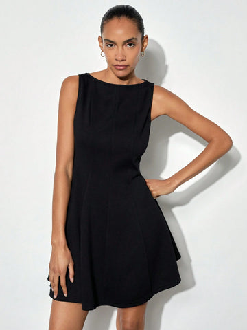 Maija Women Black Boat Neck Ruched Flared Hem Elegant Sleeveless Waist A-Line Short Dress, Versatile For Autumn/Winter