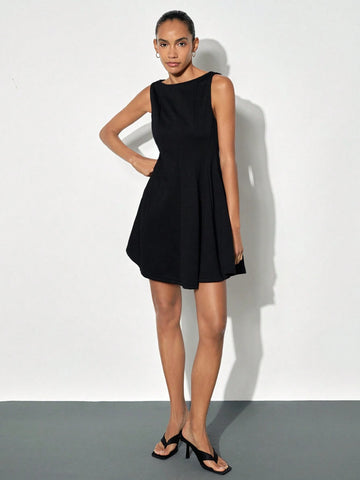 Maija Women Black Boat Neck Ruched Flared Hem Elegant Sleeveless Waist A-Line Short Dress, Versatile For Autumn/Winter