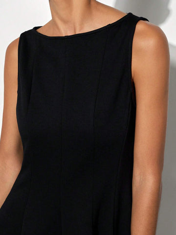 Maija Women Black Boat Neck Ruched Flared Hem Elegant Sleeveless Waist A-Line Short Dress, Versatile For Autumn/Winter