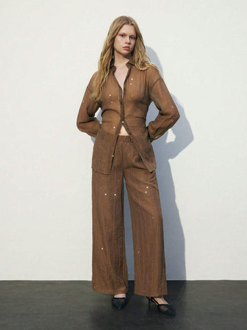 Maija Women Brown Solid Color Pocket Simple Casual Long Pants