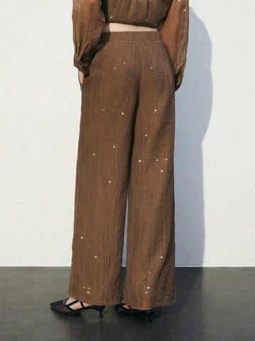 Maija Women Brown Solid Color Pocket Simple Casual Long Pants