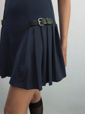 Casual Solid Color Pleated Hem Sleeveless Mini Dress