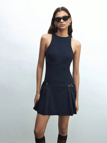 Casual Solid Color Pleated Hem Sleeveless Mini Dress