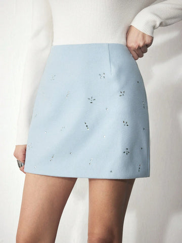 Maija Women Elegant High Waist Rhinestone Decor A-Line Skirt, Autumn/Winter