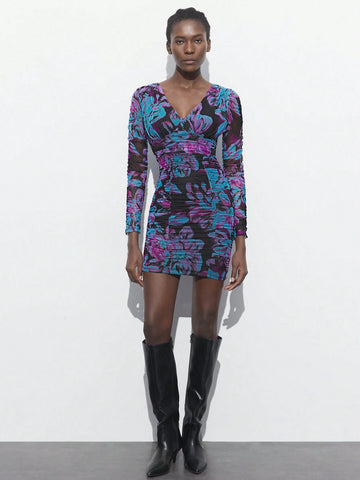 Maija Women Floral Print V-Neck Long Sleeve Ruched Fitted Mini Dress