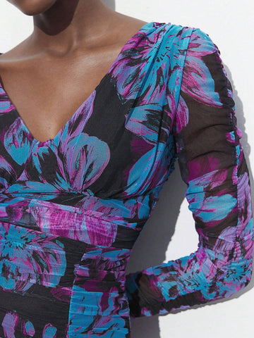 Maija Women Floral Print V-Neck Long Sleeve Ruched Fitted Mini Dress