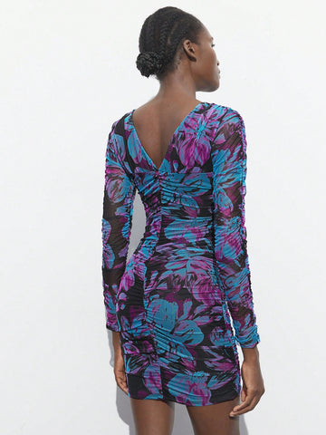 Maija Women Floral Print V-Neck Long Sleeve Ruched Fitted Mini Dress