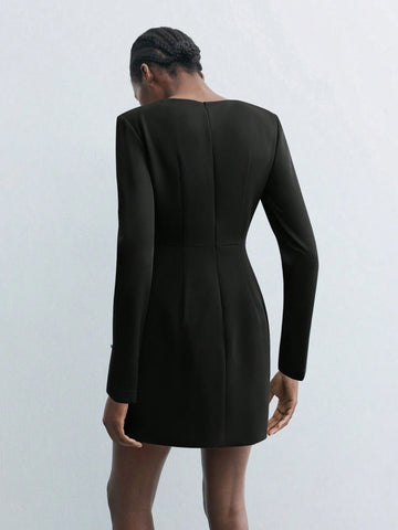 Maija Women Green Small Boat Neck Padded Shoulder Long Sleeve Elegant Solid Color Cinched Waist Short Dress, Autumn/Winter