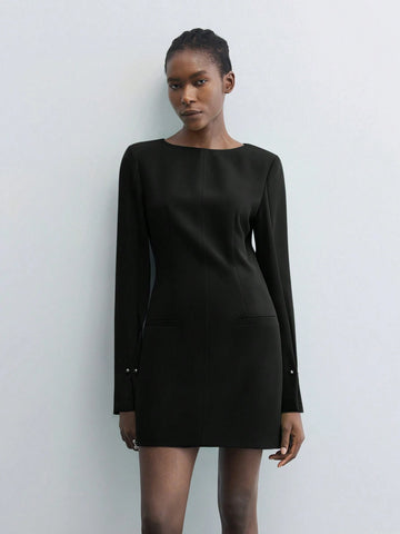 Maija Women Green Small Boat Neck Padded Shoulder Long Sleeve Elegant Solid Color Cinched Waist Short Dress, Autumn/Winter