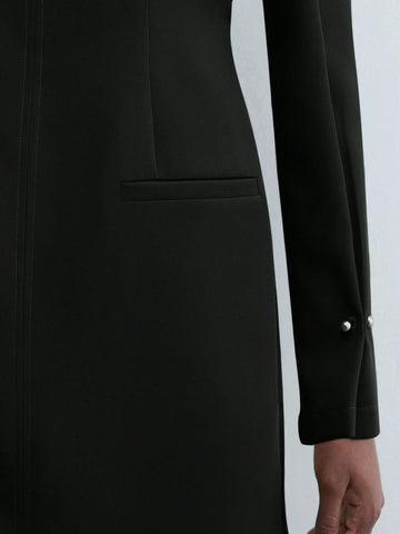 Maija Women Green Small Boat Neck Padded Shoulder Long Sleeve Elegant Solid Color Cinched Waist Short Dress, Autumn/Winter