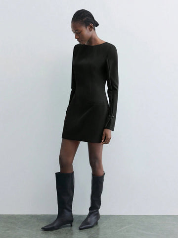 Maija Women Green Small Boat Neck Padded Shoulder Long Sleeve Elegant Solid Color Cinched Waist Short Dress, Autumn/Winter