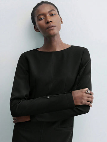 Maija Women Green Small Boat Neck Padded Shoulder Long Sleeve Elegant Solid Color Cinched Waist Short Dress, Autumn/Winter